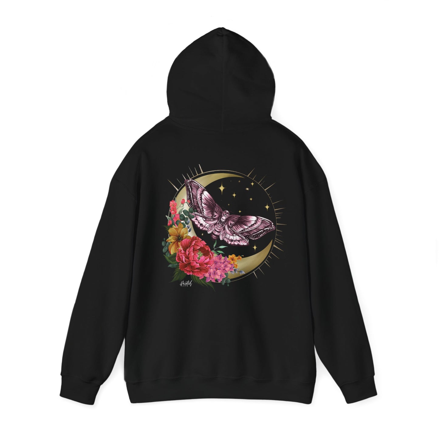 Painted Love Customs Hoodie, Celestial Moth and Flowers