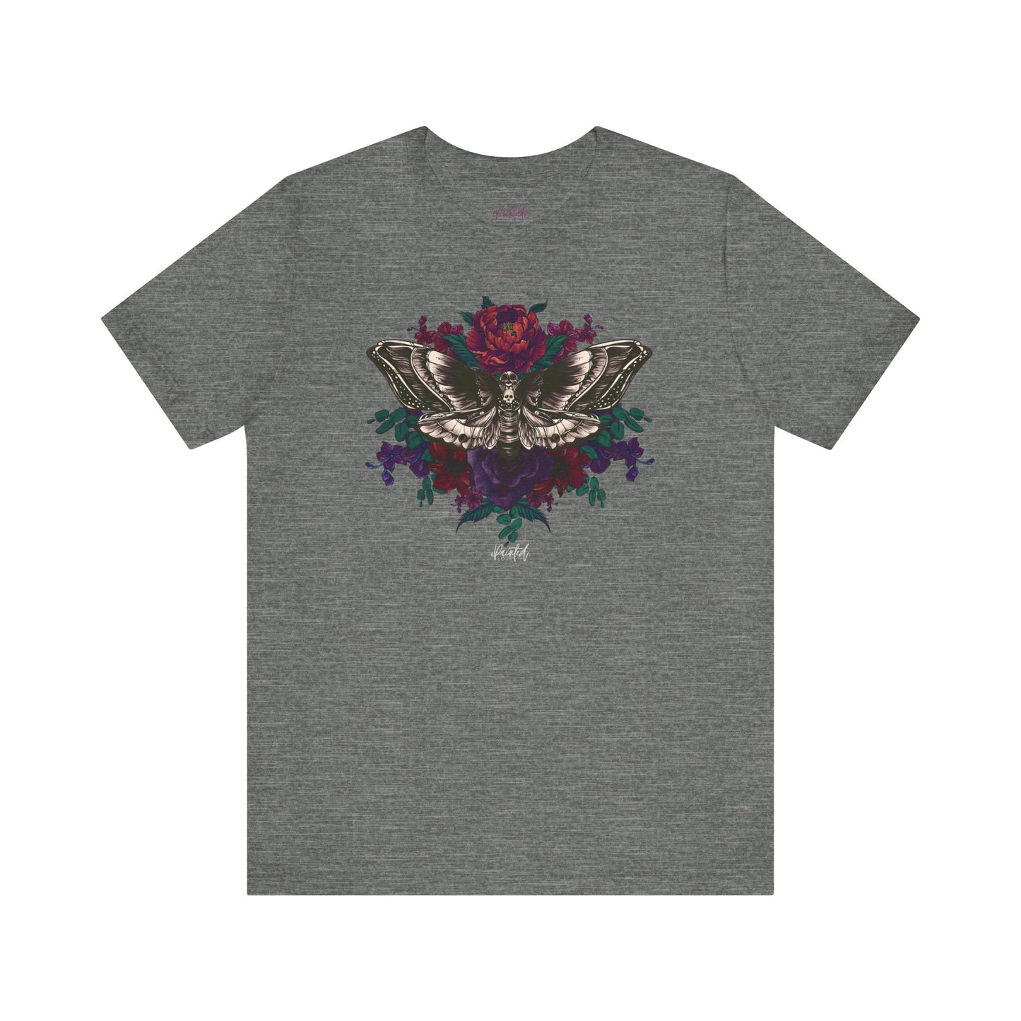 Deaths Head Moth Tattoo Style Floral Tshirt, Burgundy and Red