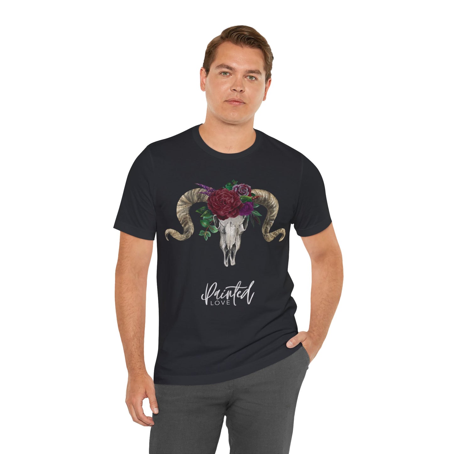 Ram Skull and flowers Unisex Tee, Burgundy Flowers