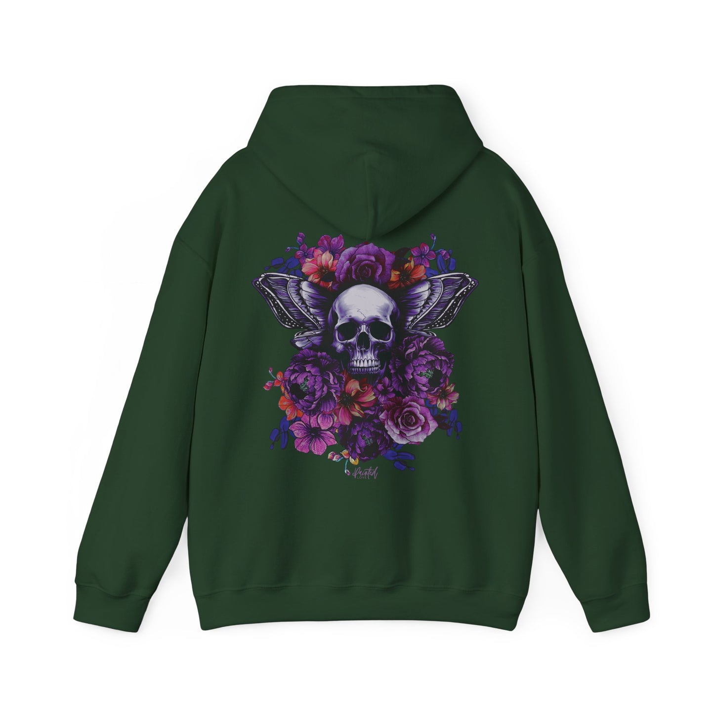 Unisex Hoodie with Skull, Moth Wings, and Tattoo Style Flowers, Painted Love Customs Logo, Neon Flowers