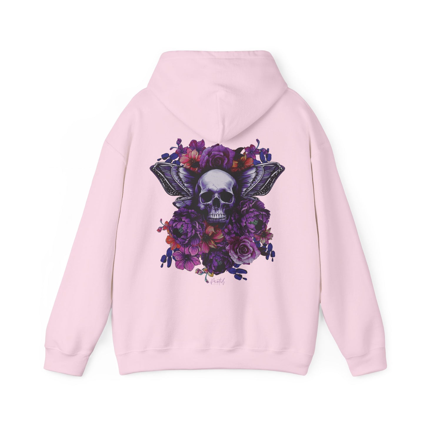 Unisex Hoodie with Skull, Moth Wings, and Tattoo Style Flowers, Painted Love Customs Logo, Neon Flowers