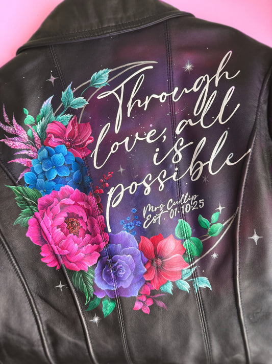 Hand Painted Leather Jacket. Galaxy and crescent design. Leather Jacket Painting Service