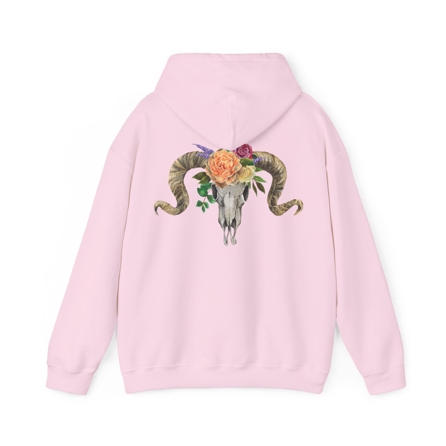 Ram Skull Back Hoodie, Peach Flowers