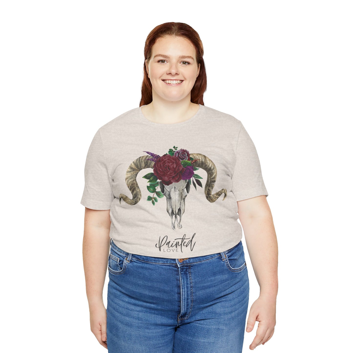 Ram Skull and flowers Unisex Tee, Burgundy Flowers