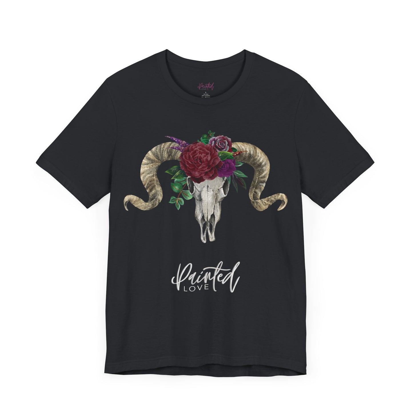 Ram Skull and flowers Unisex Tee, Burgundy Flowers