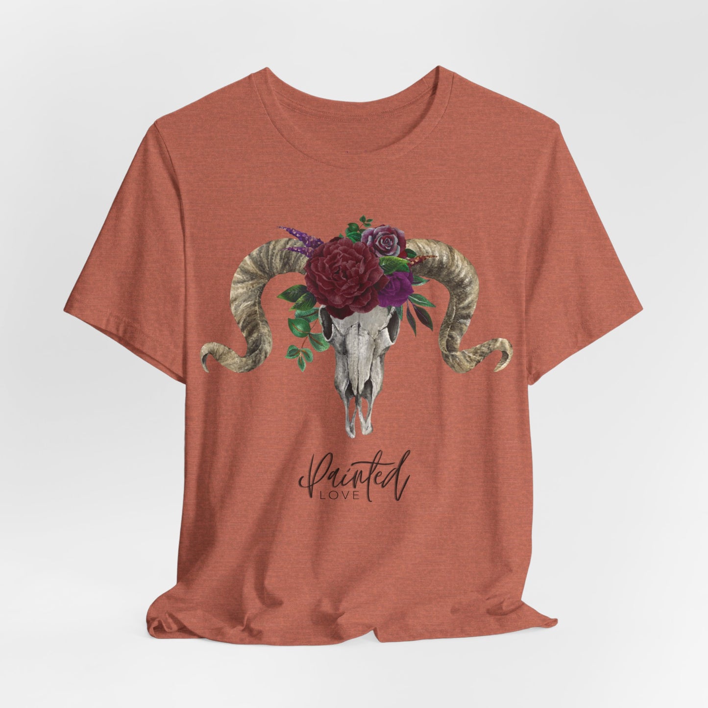 Ram Skull and flowers Unisex Tee, Burgundy Flowers