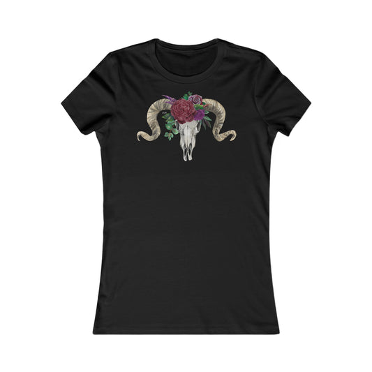 Women's Fitted Tee, Ram Skull and Burgundy Flowers