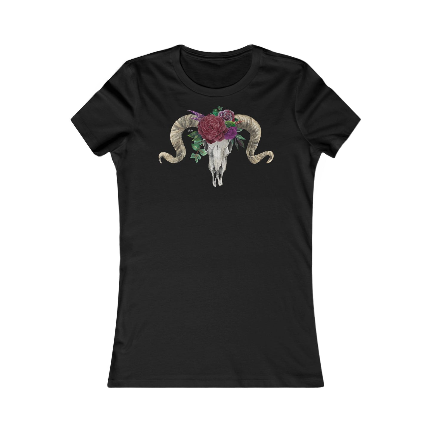 Women's Fitted Tee, Ram Skull and Burgundy Flowers