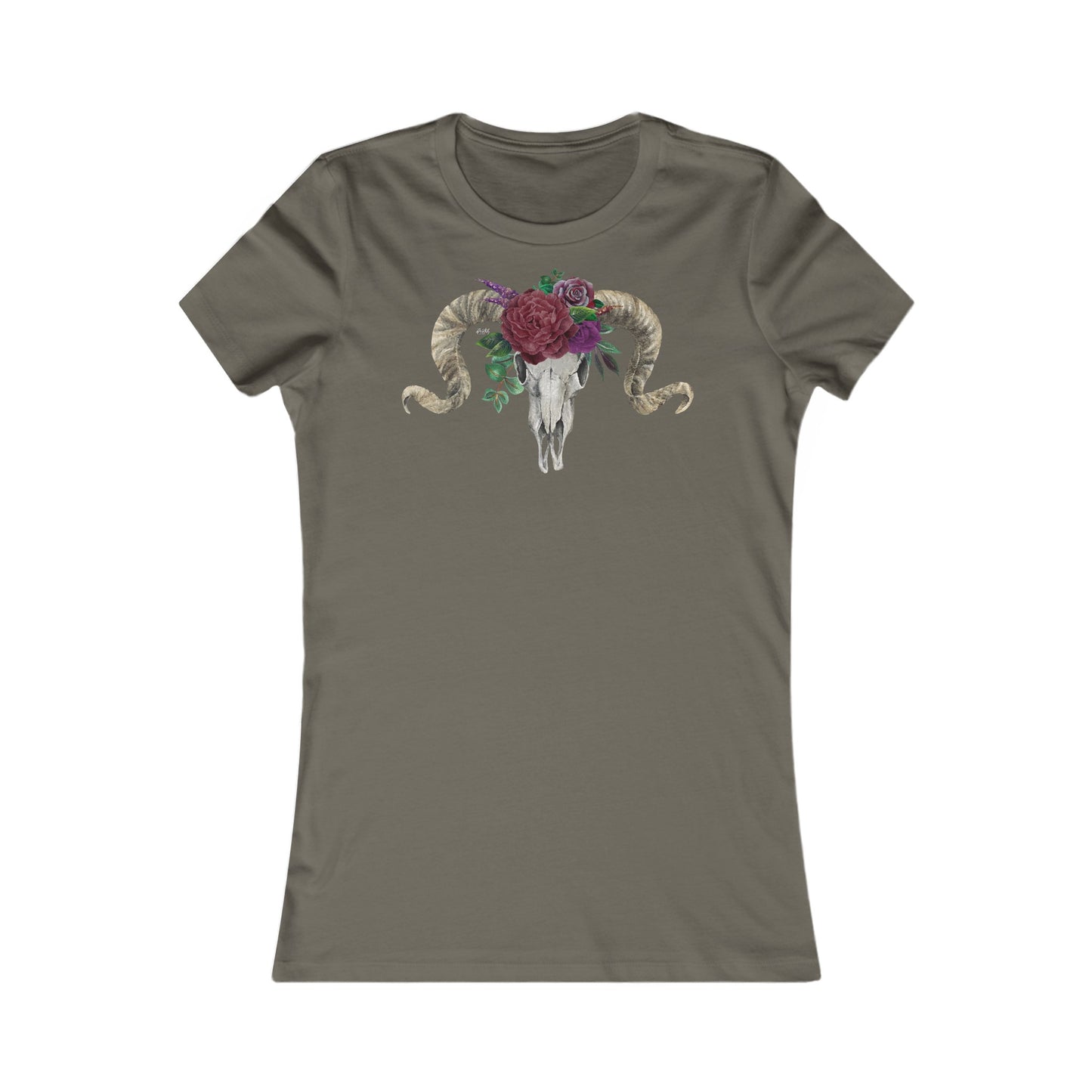 Women's Fitted Tee, Ram Skull and Burgundy Flowers