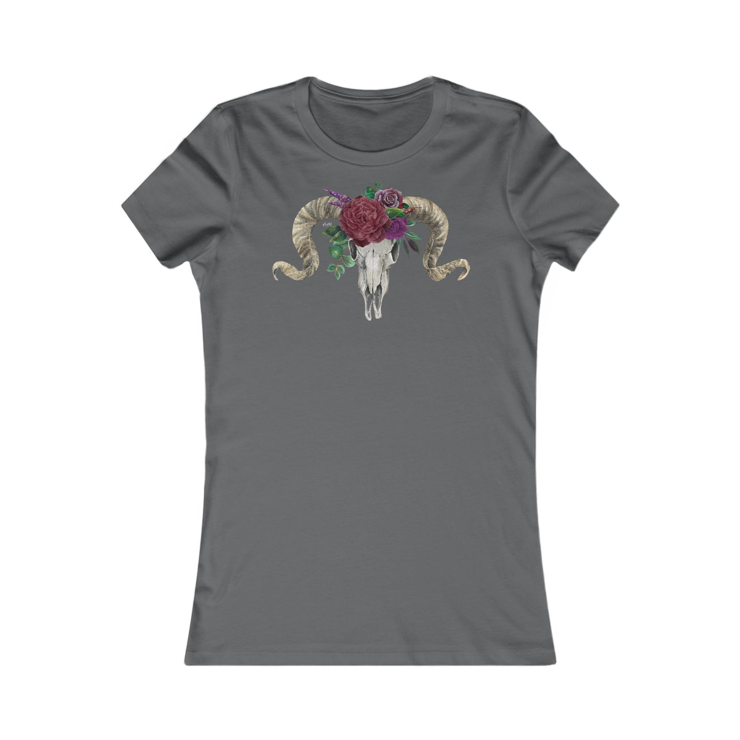 Women's Fitted Tee, Ram Skull and Burgundy Flowers