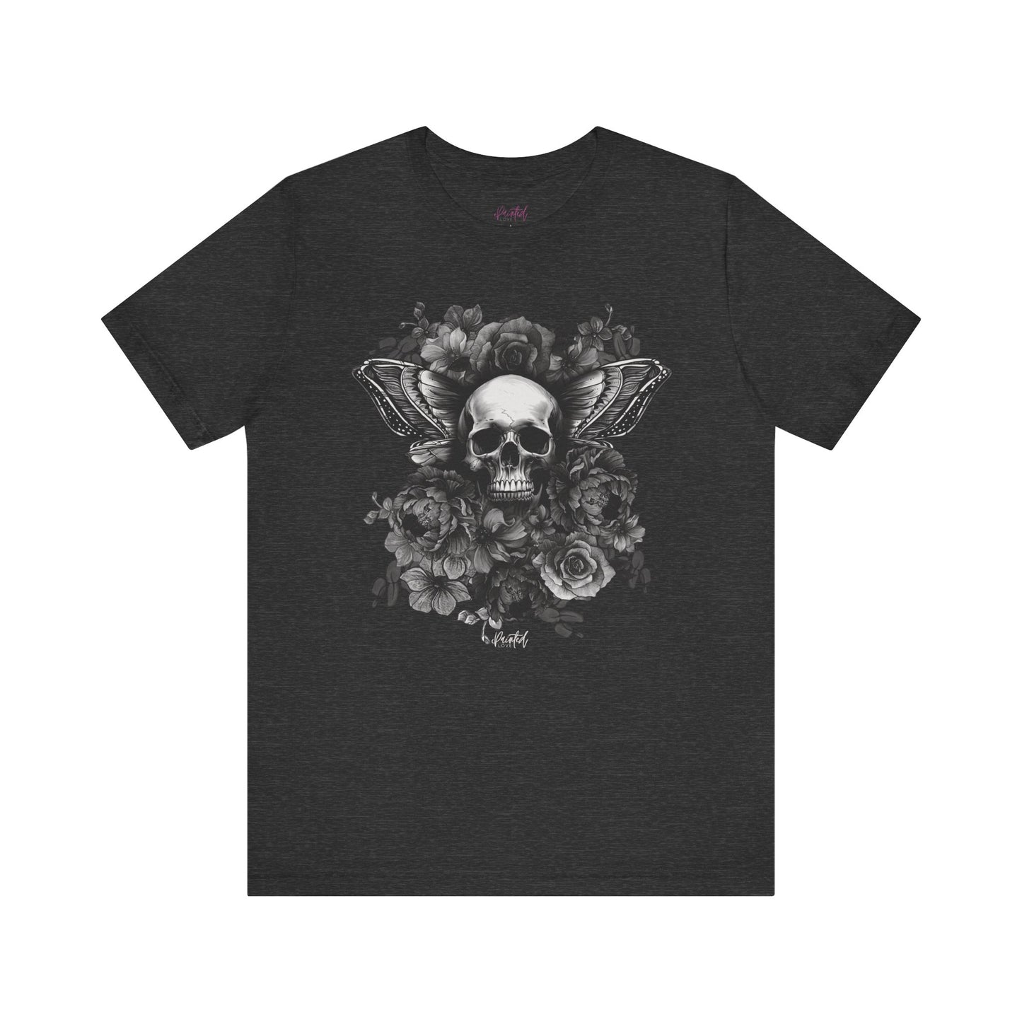 Floral Skull Tattoo Style Tee, Greyscale flowers