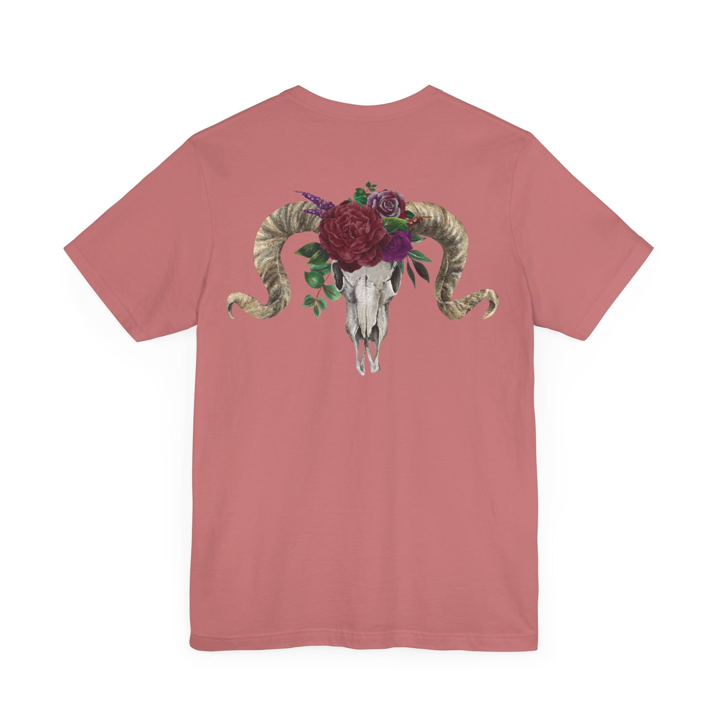 Ram Skull Back Design Unisex Tee, Burgundy Flowers.