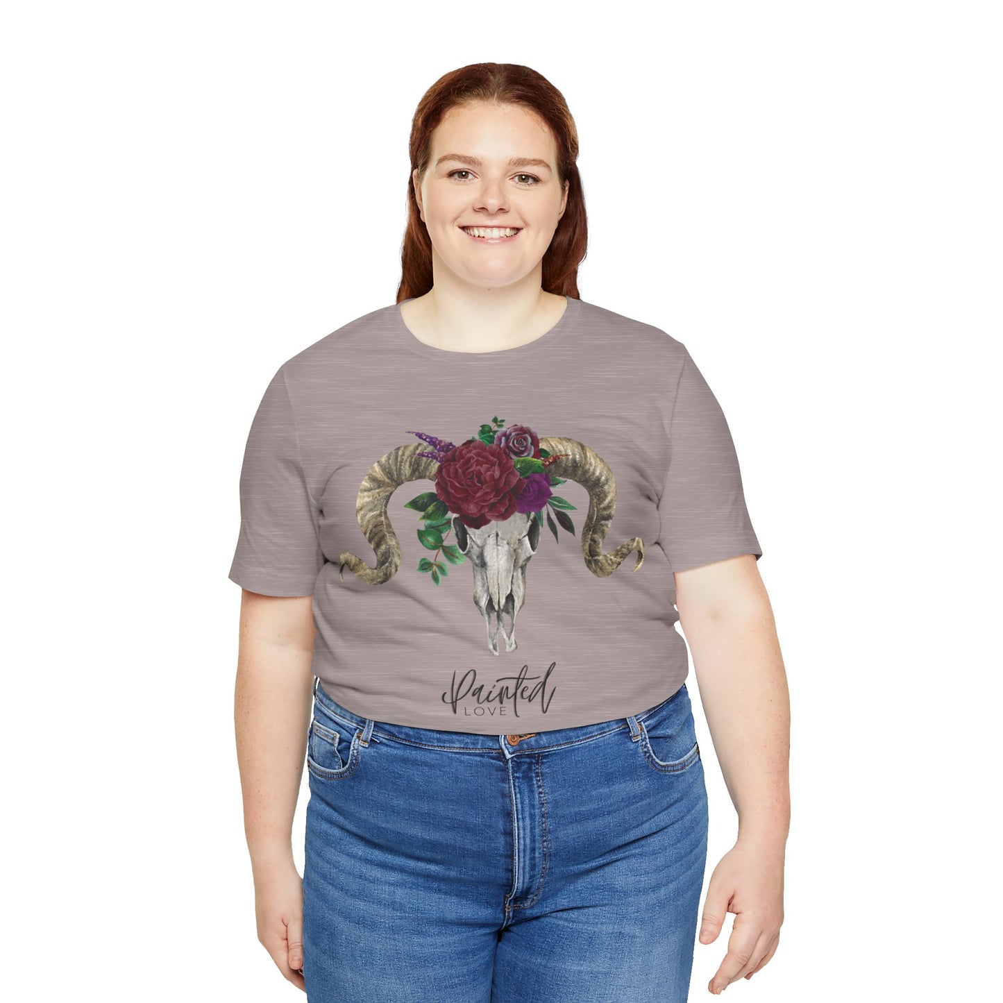 Ram Skull and flowers Unisex Tee, Burgundy Flowers