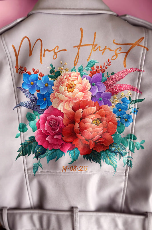 Hand Painted Leather Jacket. Peony and Rose Bouquet. Leather Jacket Painting Service