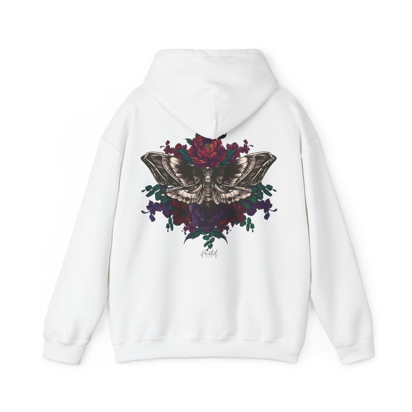 Tattoo Style Deaths Head Moth and Flowers Hoodie, Deep Purple and Burgundy