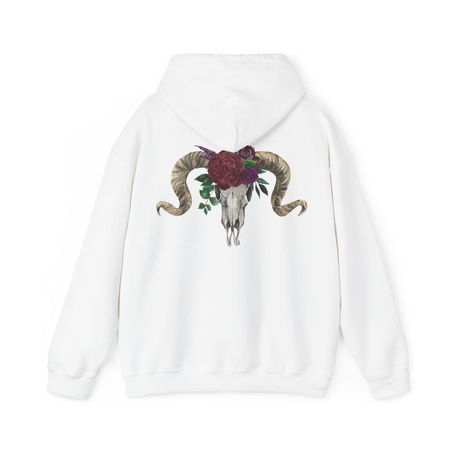 Ram Skull Back Hoodie, Burgundy Flowers