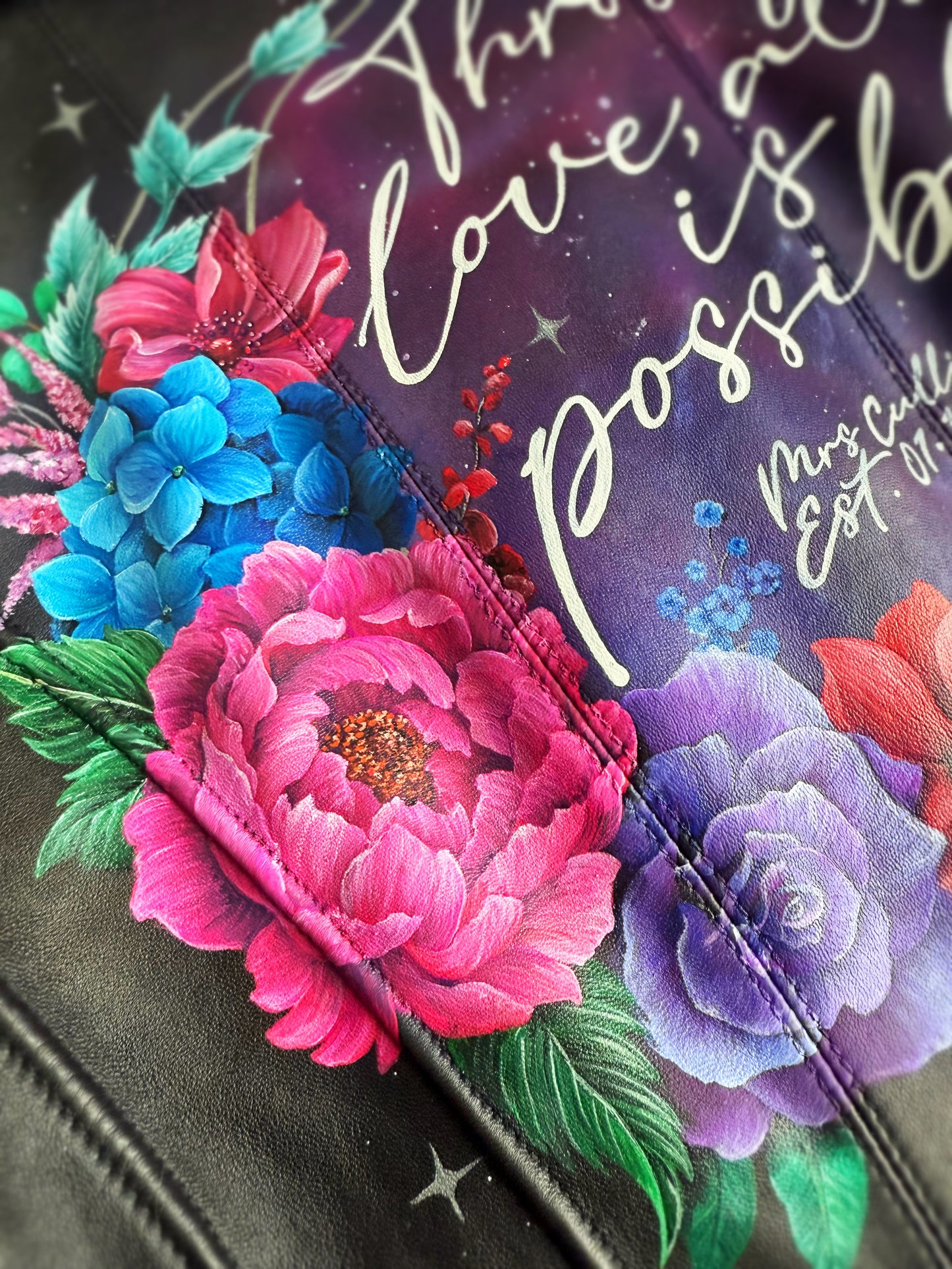 Hand Painted Leather Jacket. Galaxy and crescent design. Leather Jacket Painting Service