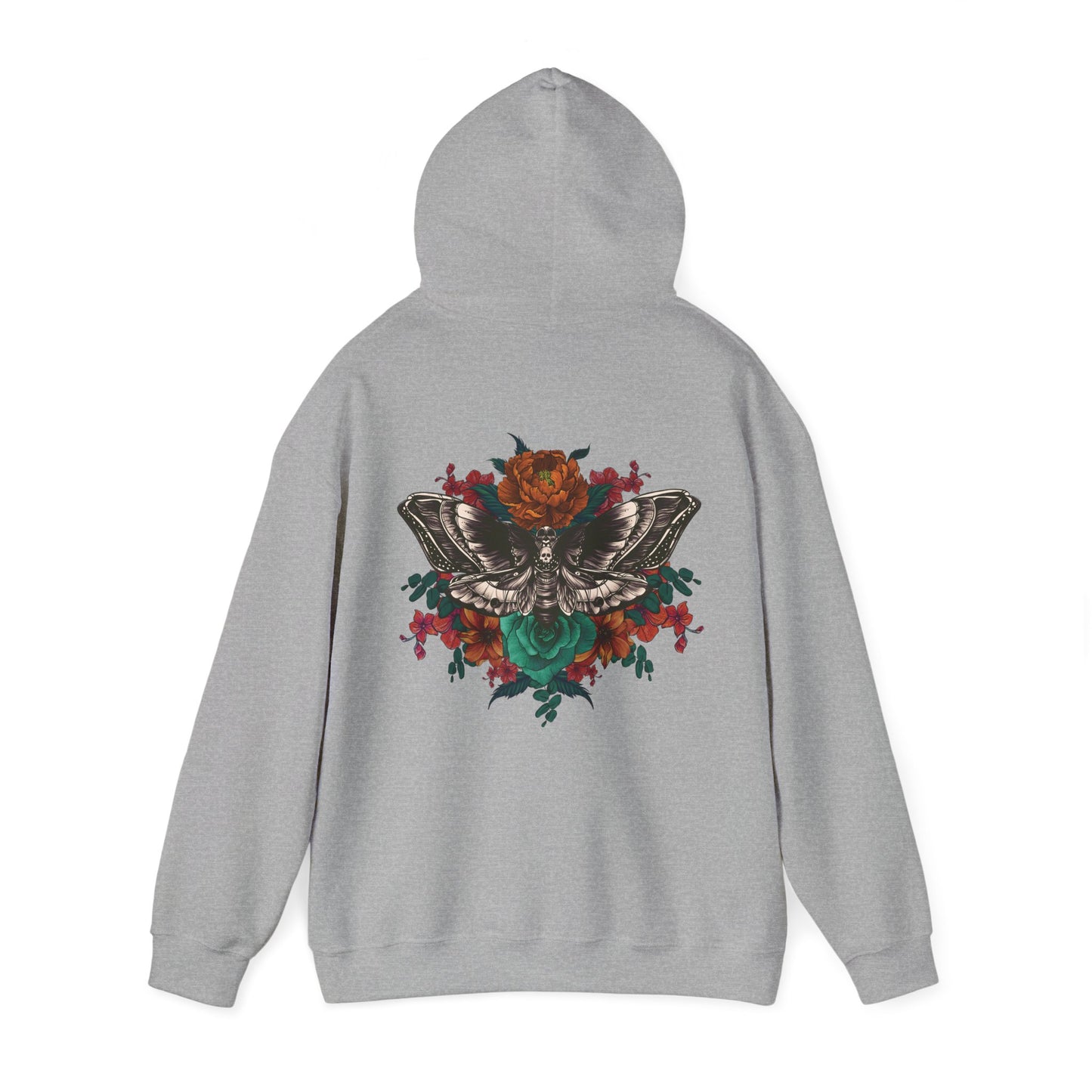 Tattoo Style Deaths Head Moth and Flowers Hoodie, Reds and Oranges