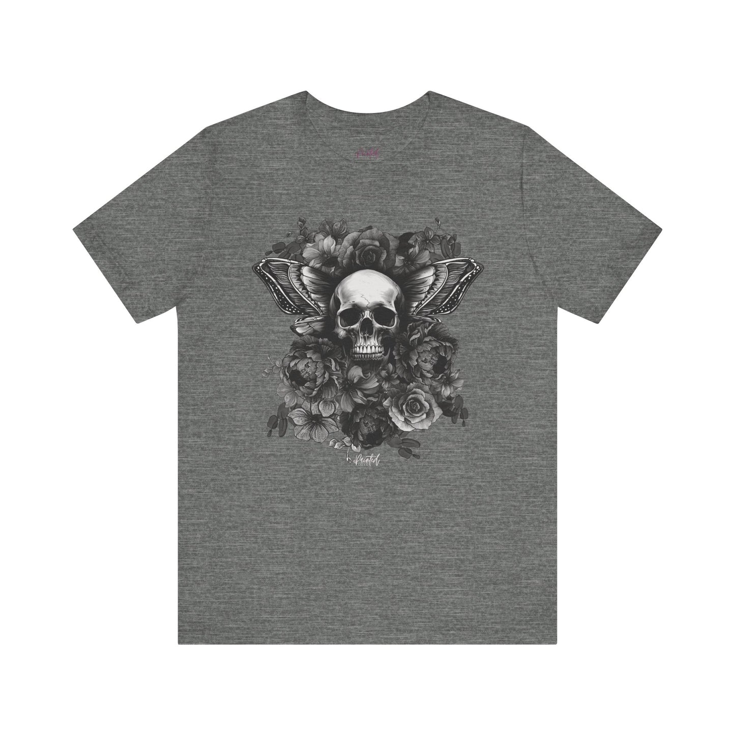 Floral Skull Tattoo Style Tee, Greyscale flowers