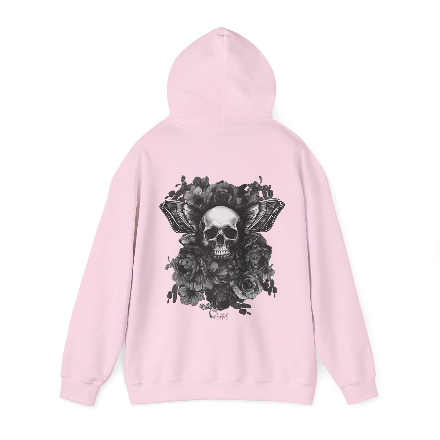 Unisex Hoodie with Skull, Moth Wings, and Tattoo Style Flowers, Painted Love Customs Logo, Greyscale Flowers