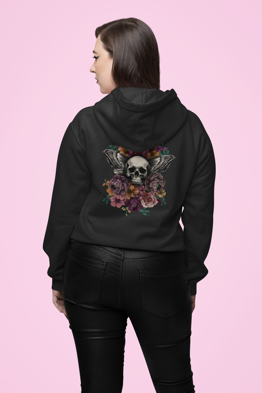 Unisex Hoodie with Skull, Moth Wings, and Tattoo Style Flowers, Painted Love Customs Logo