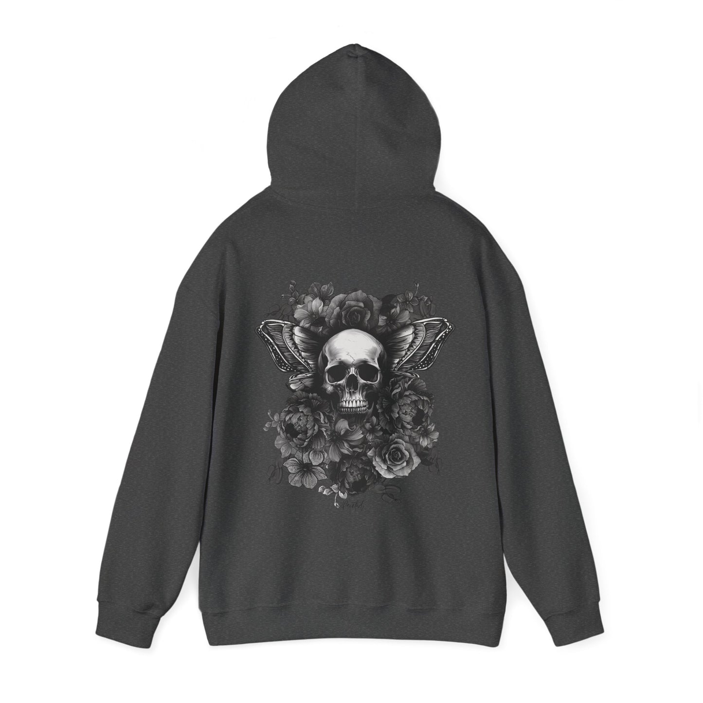 Unisex Hoodie with Skull, Moth Wings, and Tattoo Style Flowers, Painted Love Customs Logo, Greyscale Flowers