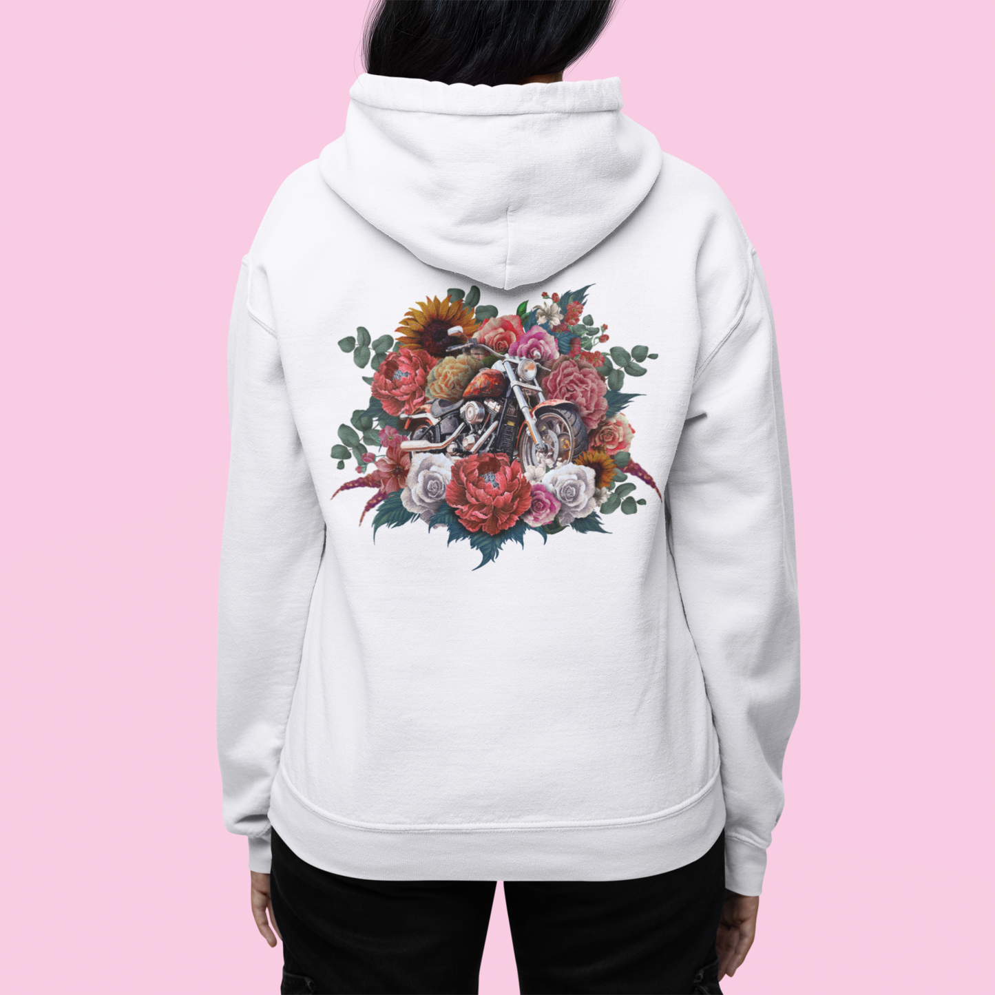 Painted Love Customs Hoodie, Motorcycle and Flowers