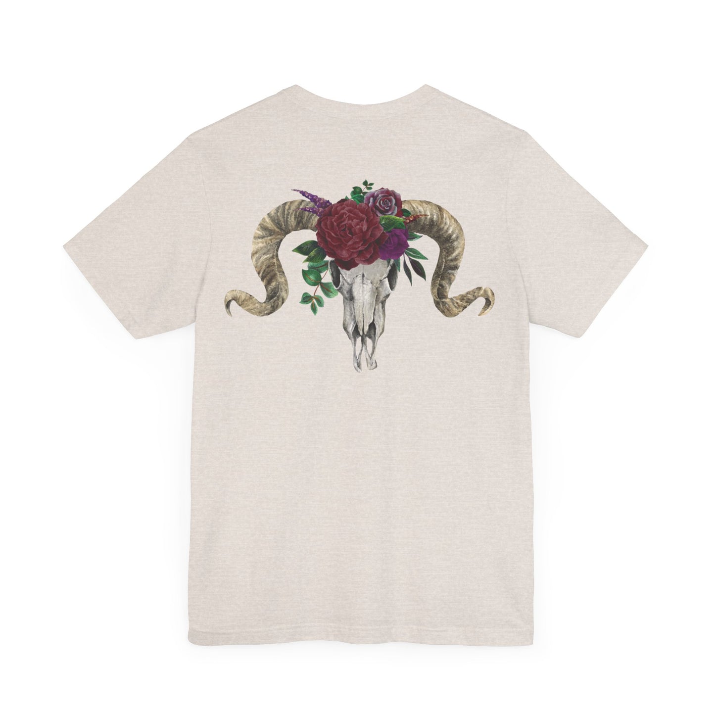 Ram Skull Back Design Unisex Tee, Burgundy Flowers.