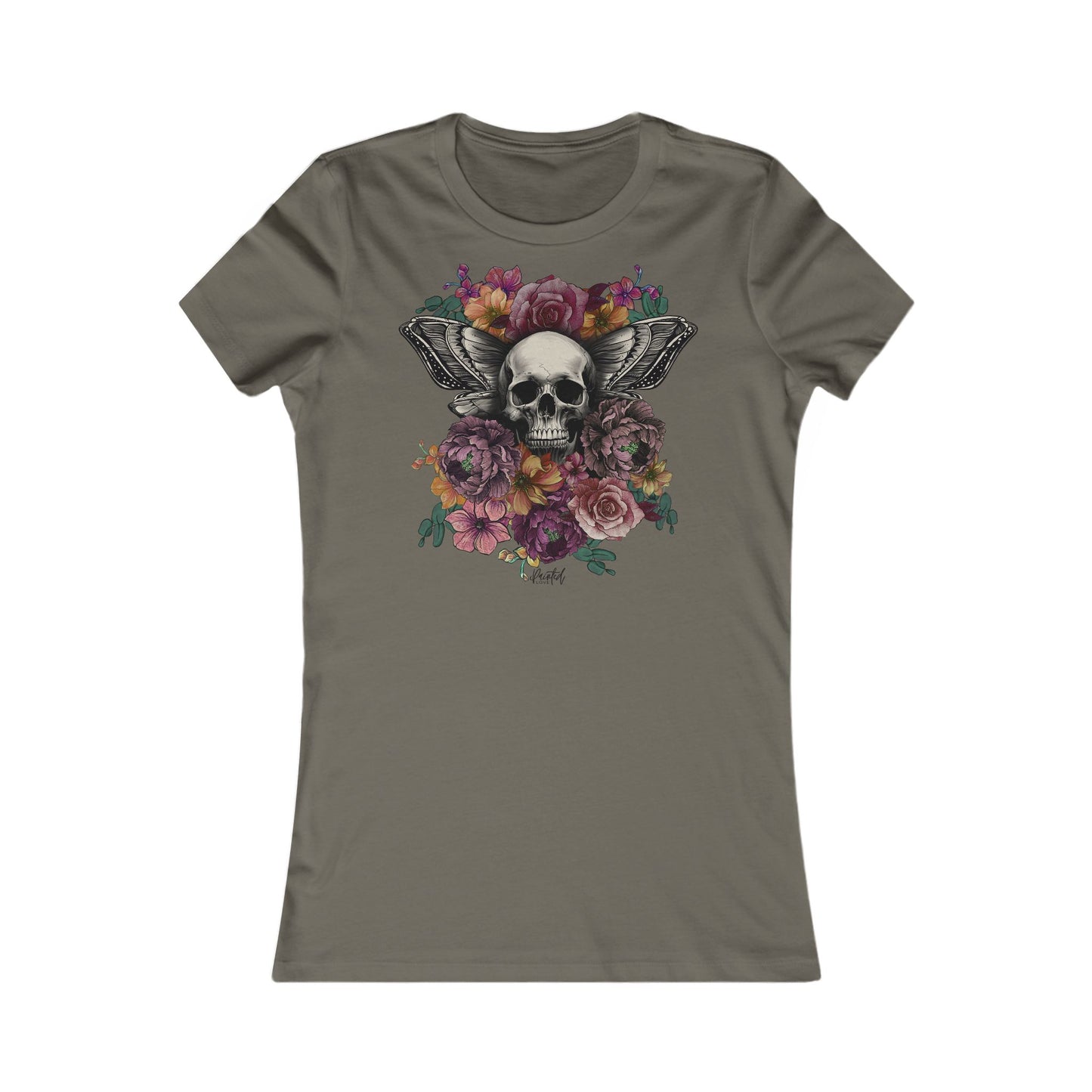 Tattoo Style Women's Fitted Tee, Skull and Flowers