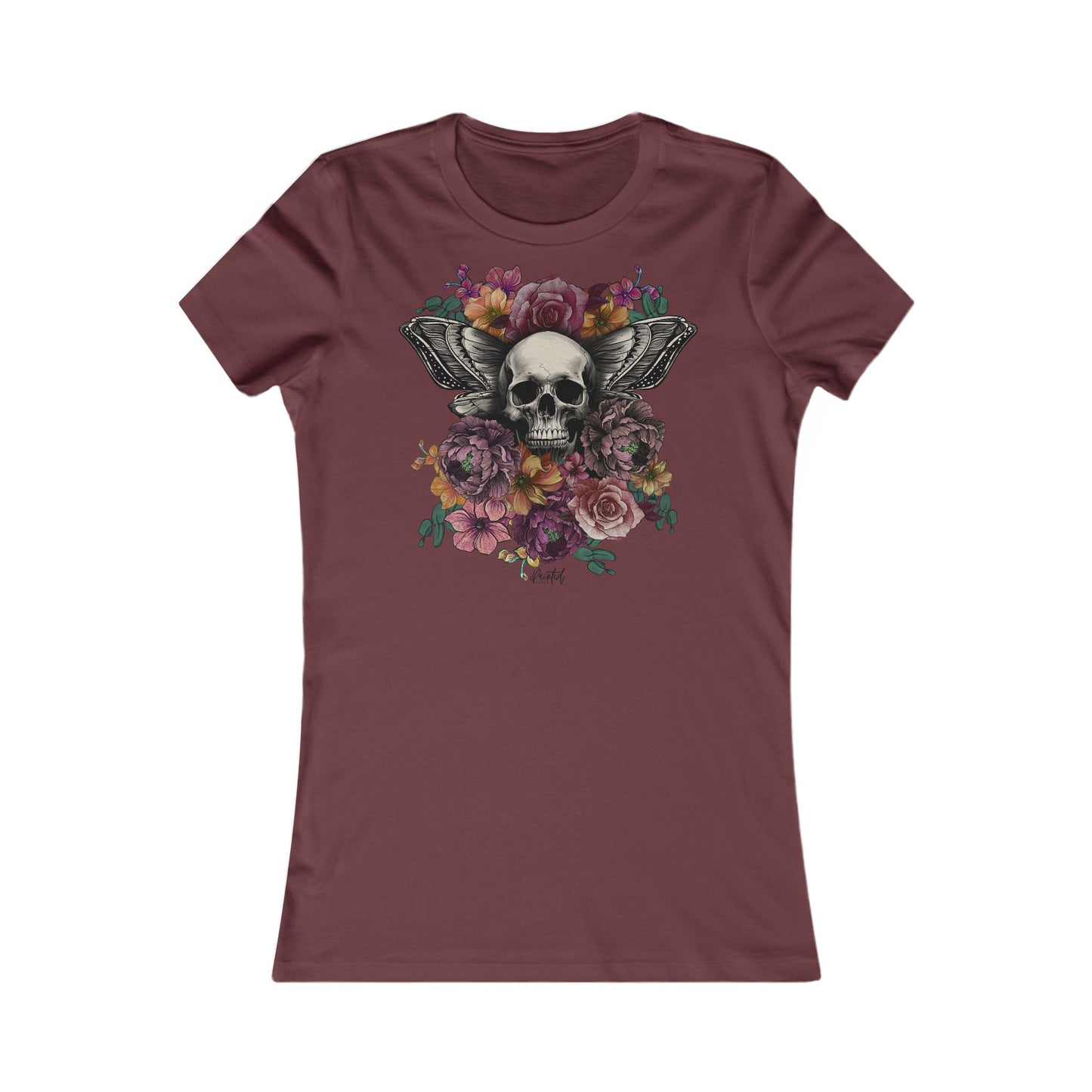 Tattoo Style Women's Fitted Tee, Skull and Flowers