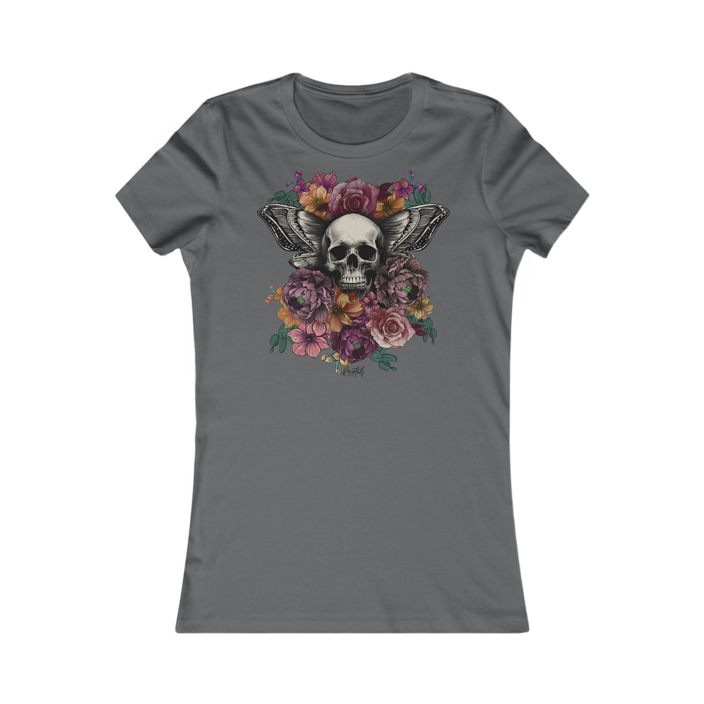 Tattoo Style Women's Fitted Tee, Skull and Flowers