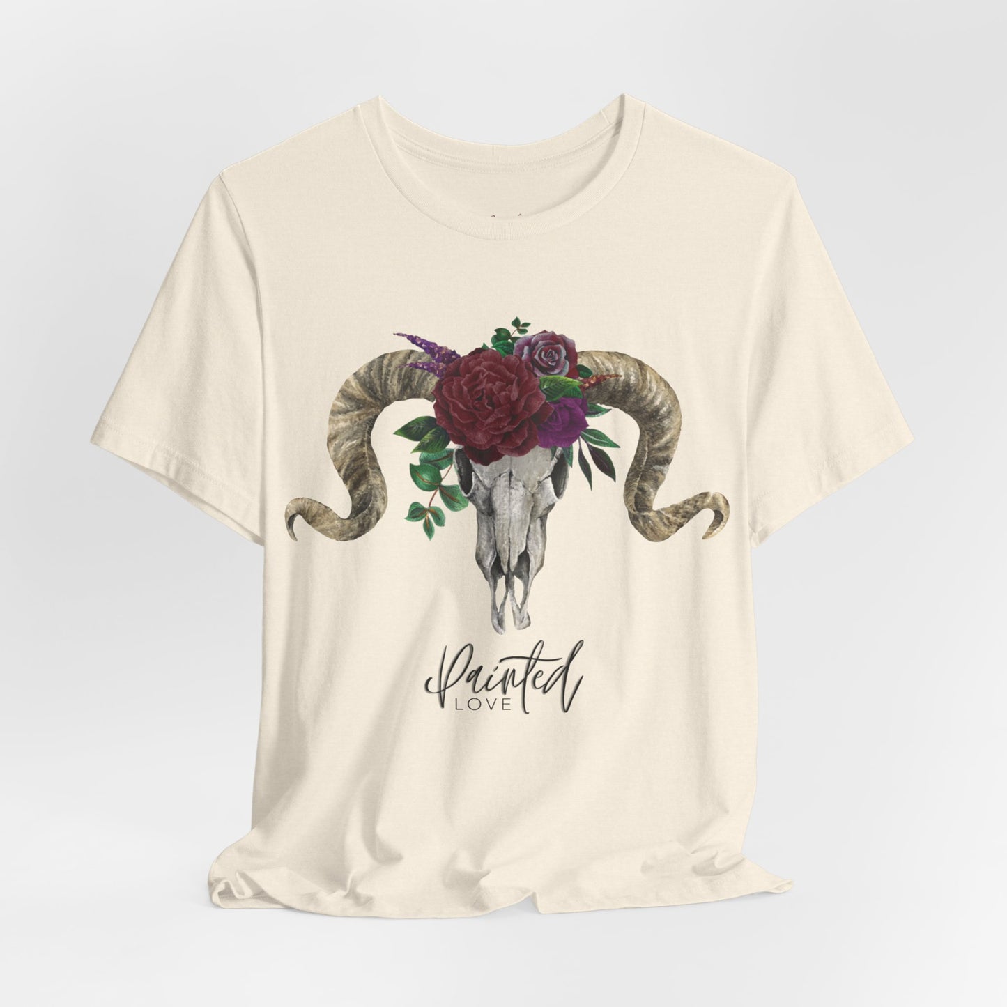 Ram Skull and flowers Unisex Tee, Burgundy Flowers