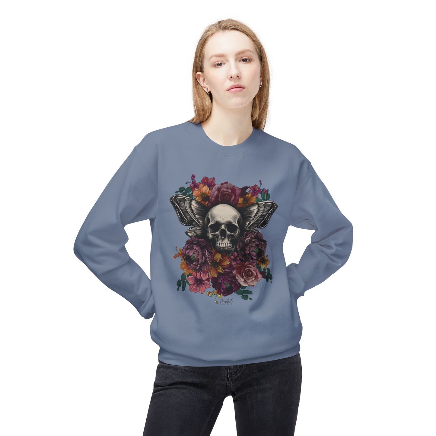 Skull Moth Wings Tattoo Flowers Sweatshirt - Painted Love Customs