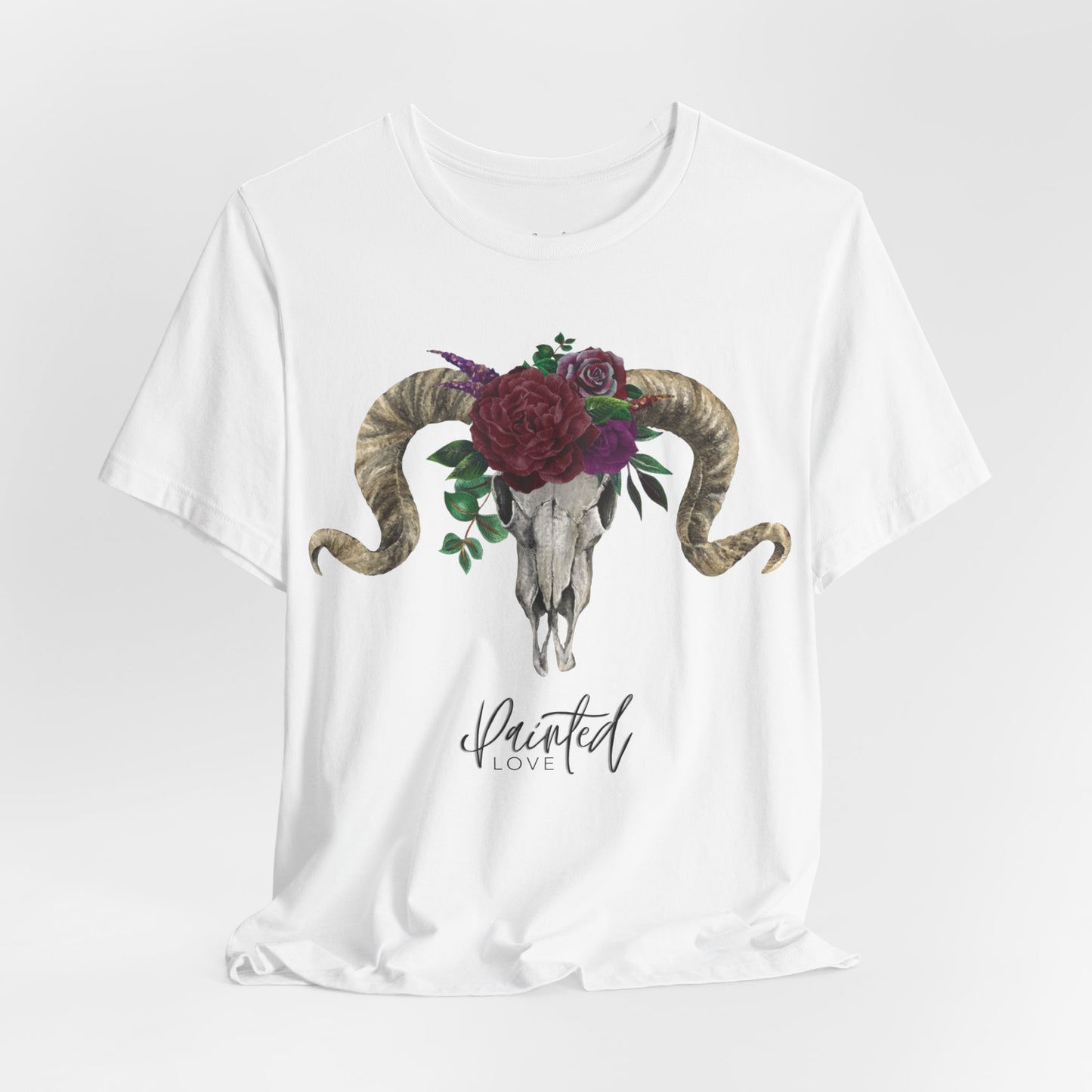 Ram Skull and flowers Unisex Tee, Burgundy Flowers