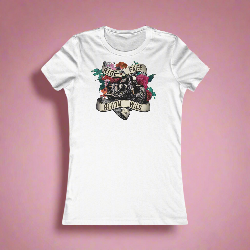 Motorcycle and flowers Women's Fitted Tee, Ride Free, Bloom Wild