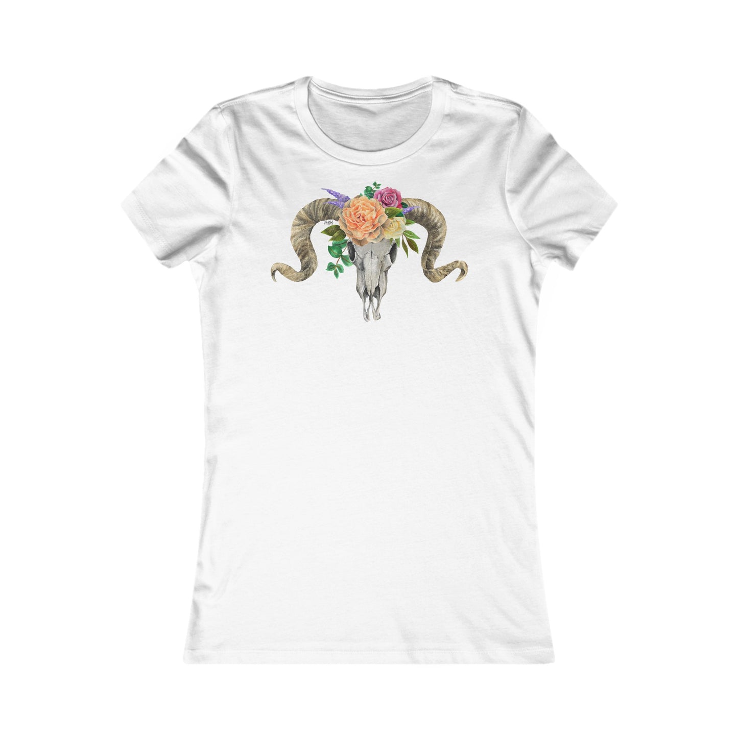 Women's Fitted Tee, Ram Skull and Peach Flowers