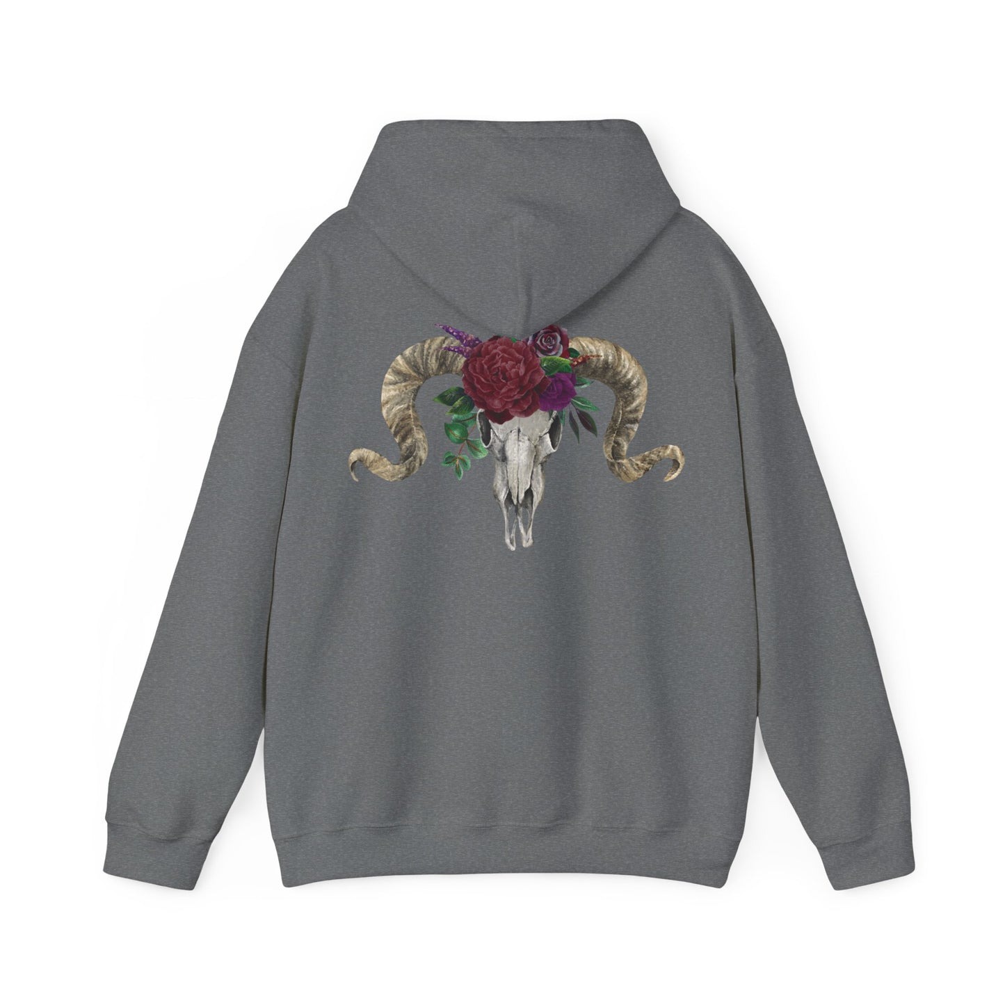 Ram Skull Back Hoodie, Burgundy Flowers