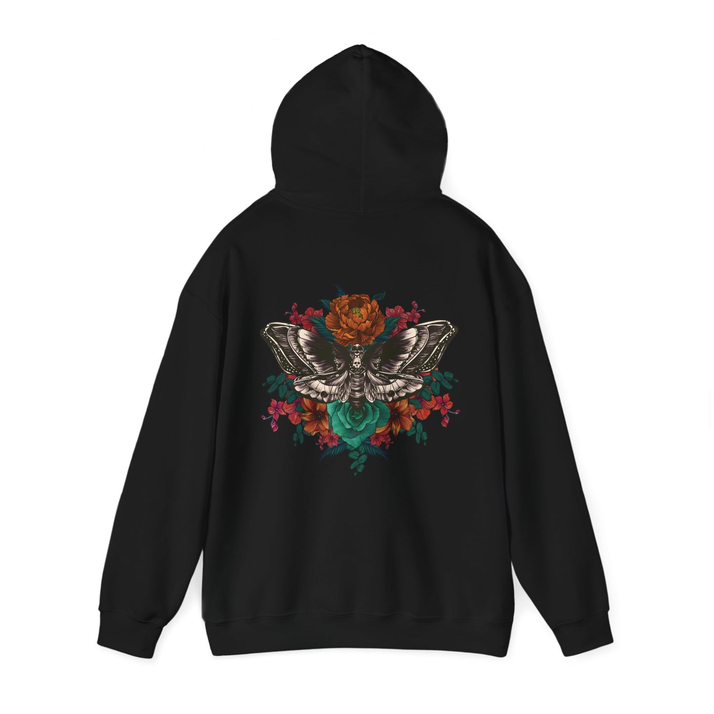 Tattoo Style Deaths Head Moth and Flowers Hoodie, Reds and Oranges