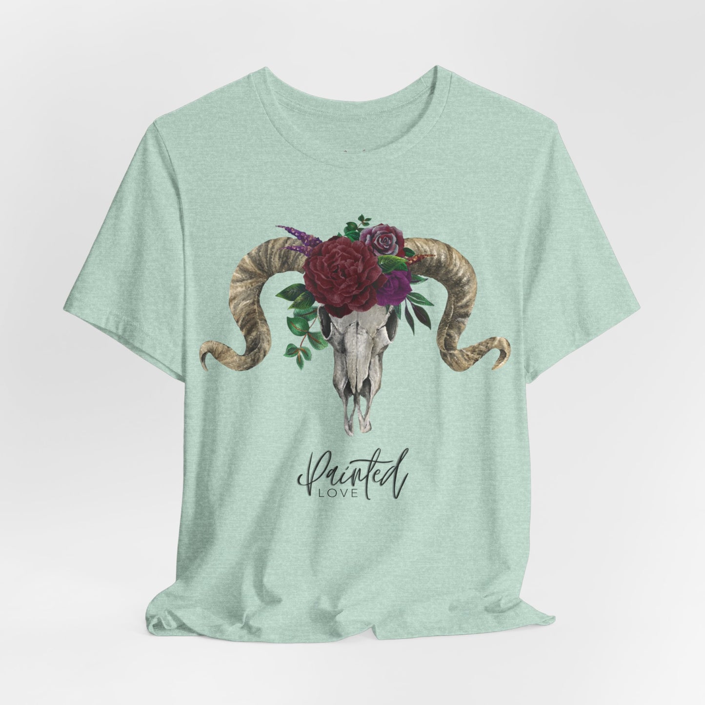 Ram Skull and flowers Unisex Tee, Burgundy Flowers