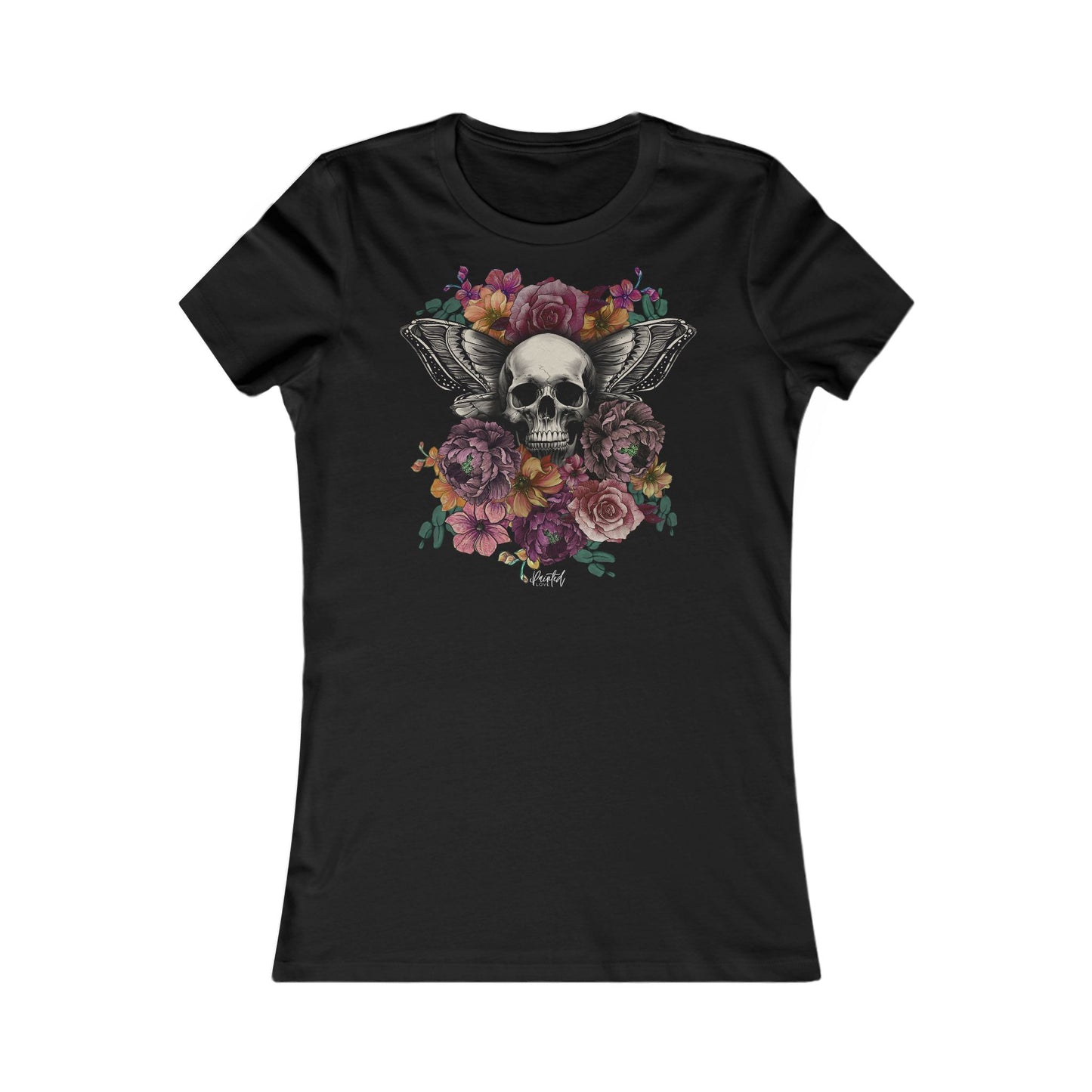 Tattoo Style Women's Fitted Tee, Skull and Flowers