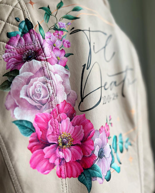 Hand Painted Floral Leather Jacket. Crescent Moon and Peony Layout. Leather Jacket Painting Service