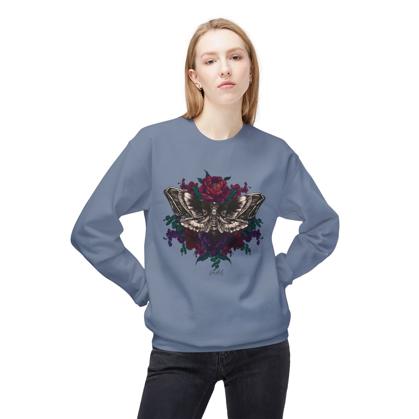 Moth and Flowers Tattoo Sweatshirt, Deep Red and Burgundy Flowers