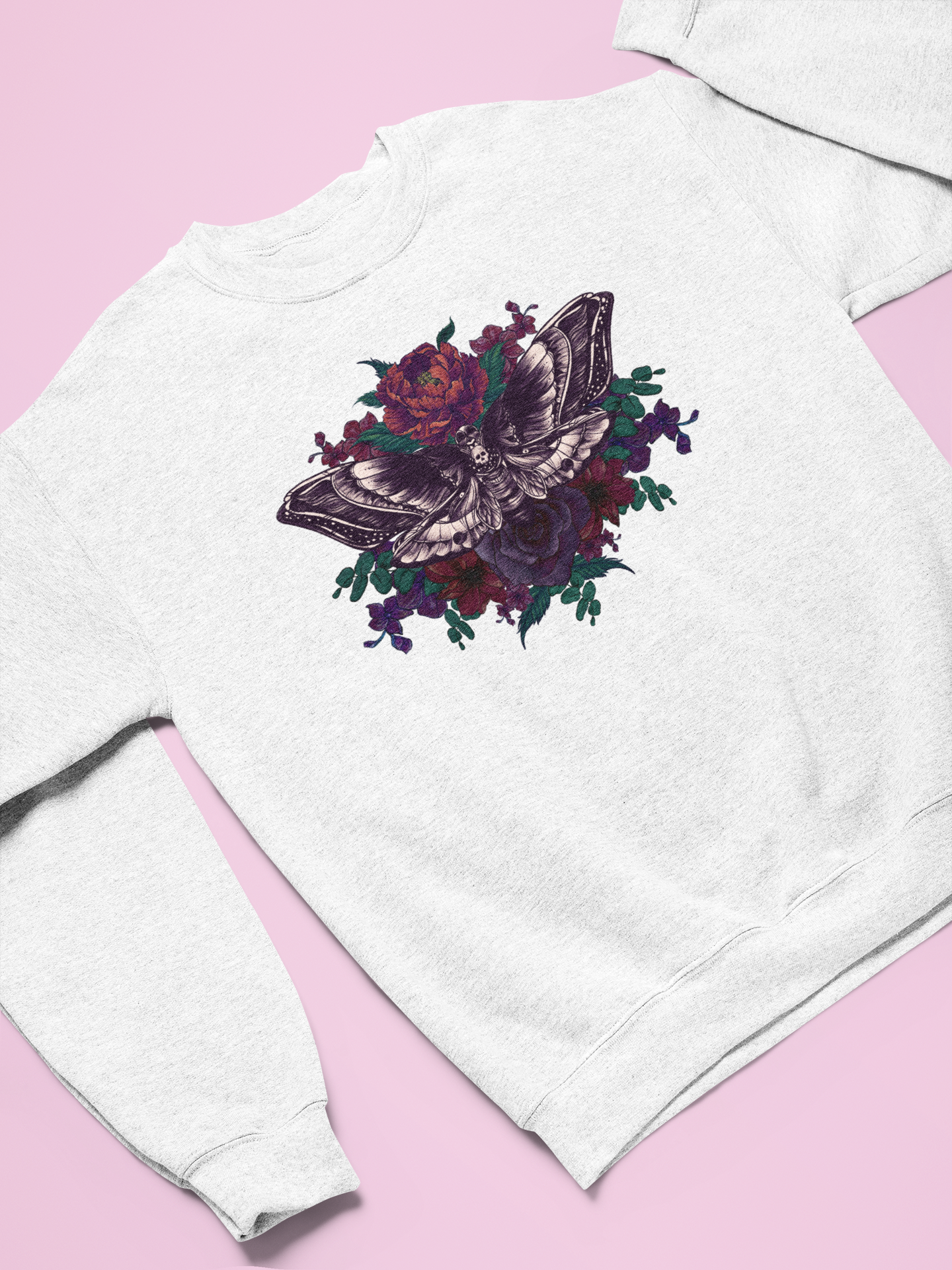 Moth and Flowers Tattoo Sweatshirt, Deep Red and Burgundy Flowers