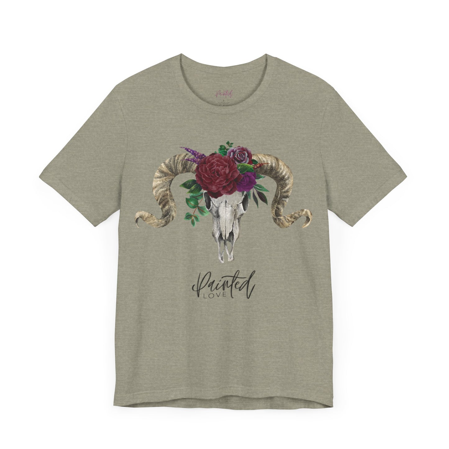 Ram Skull and flowers Unisex Tee, Burgundy Flowers