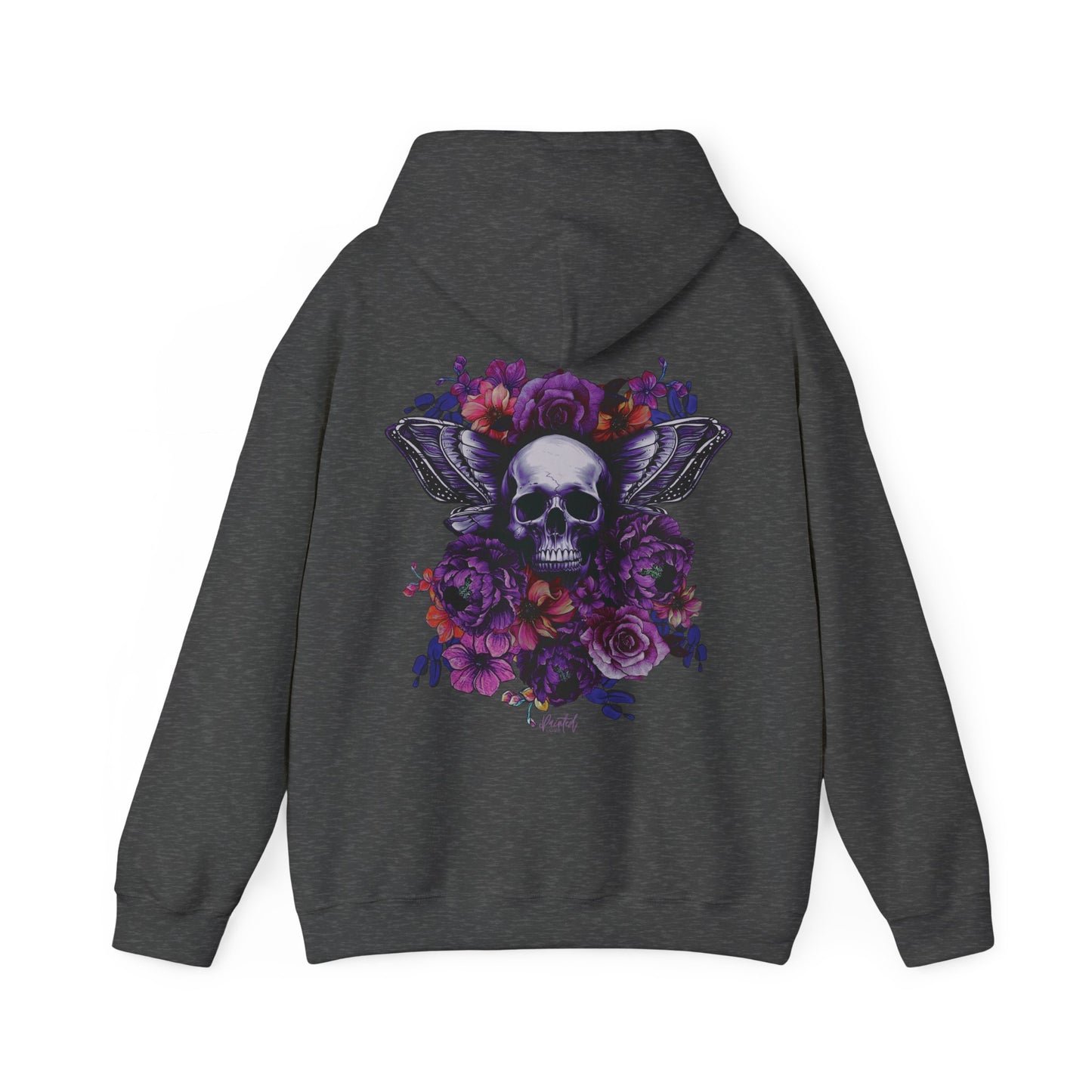 Unisex Hoodie with Skull, Moth Wings, and Tattoo Style Flowers, Painted Love Customs Logo, Neon Flowers