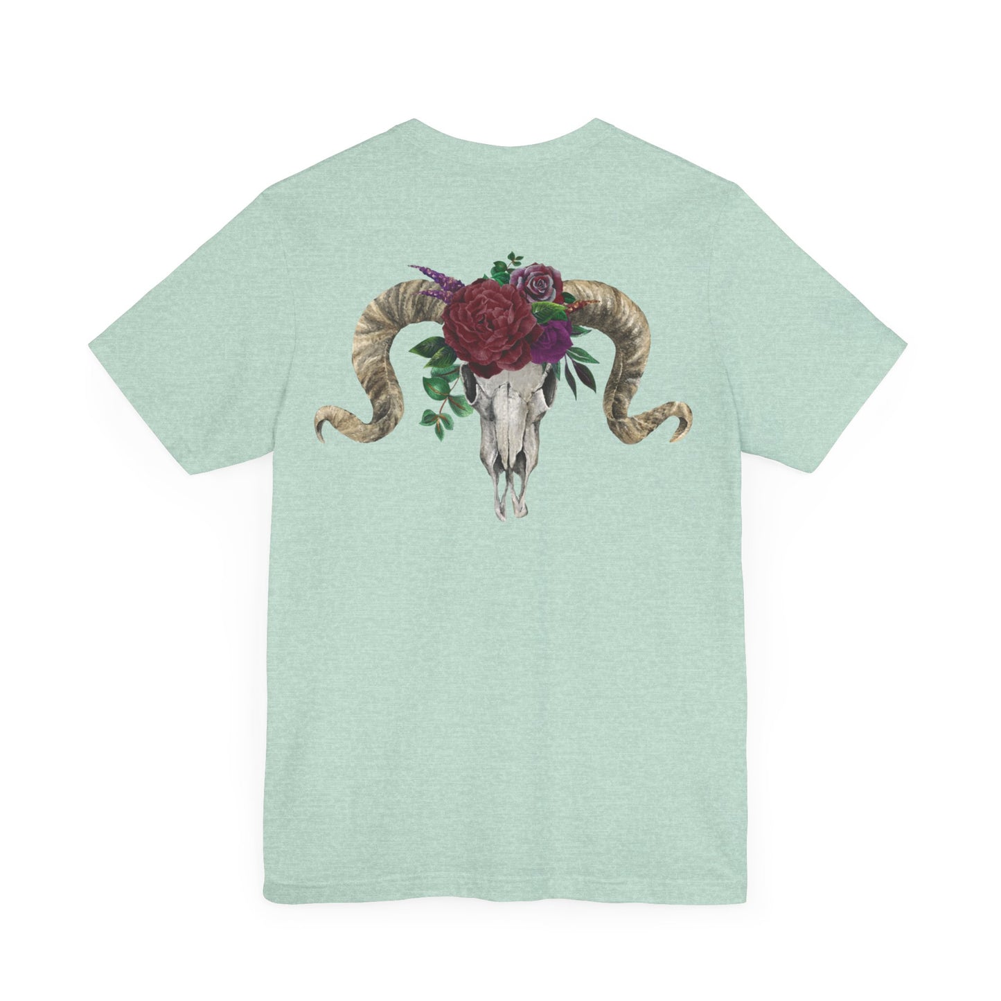 Ram Skull Back Design Unisex Tee, Burgundy Flowers.