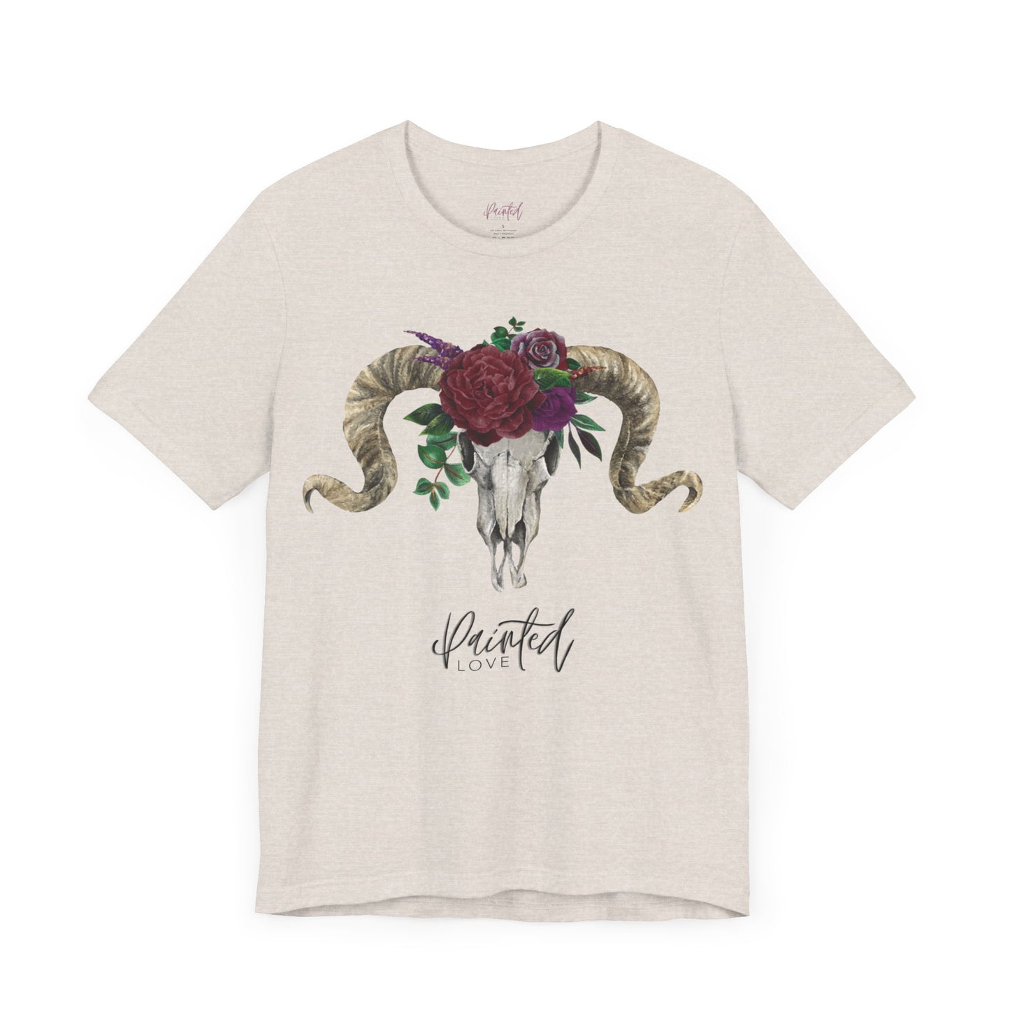 Ram Skull and flowers Unisex Tee, Burgundy Flowers