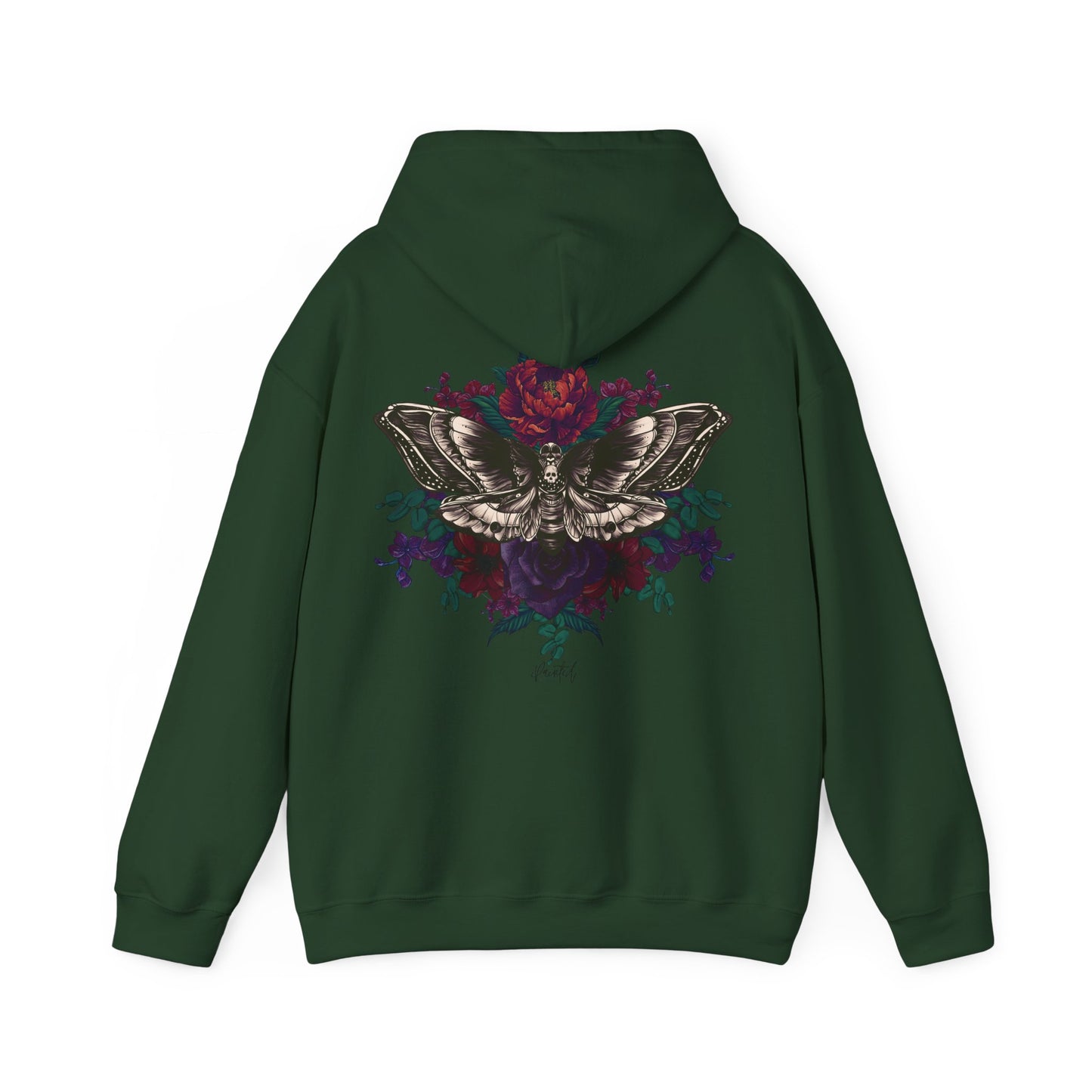 Tattoo Style Deaths Head Moth and Flowers Hoodie, Deep Purple and Burgundy