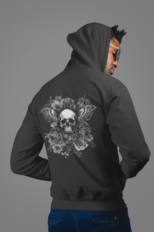 Unisex Hoodie with Skull, Moth Wings, and Tattoo Style Flowers, Painted Love Customs Logo, Greyscale Flowers