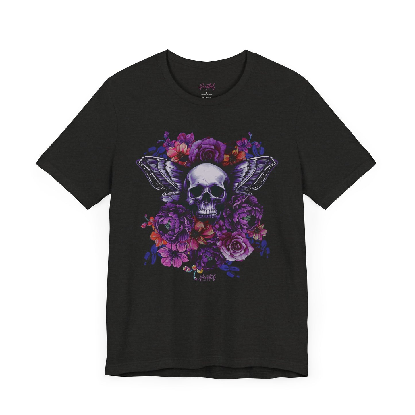 Floral Skull Tattoo Style Tee, Neon flowers